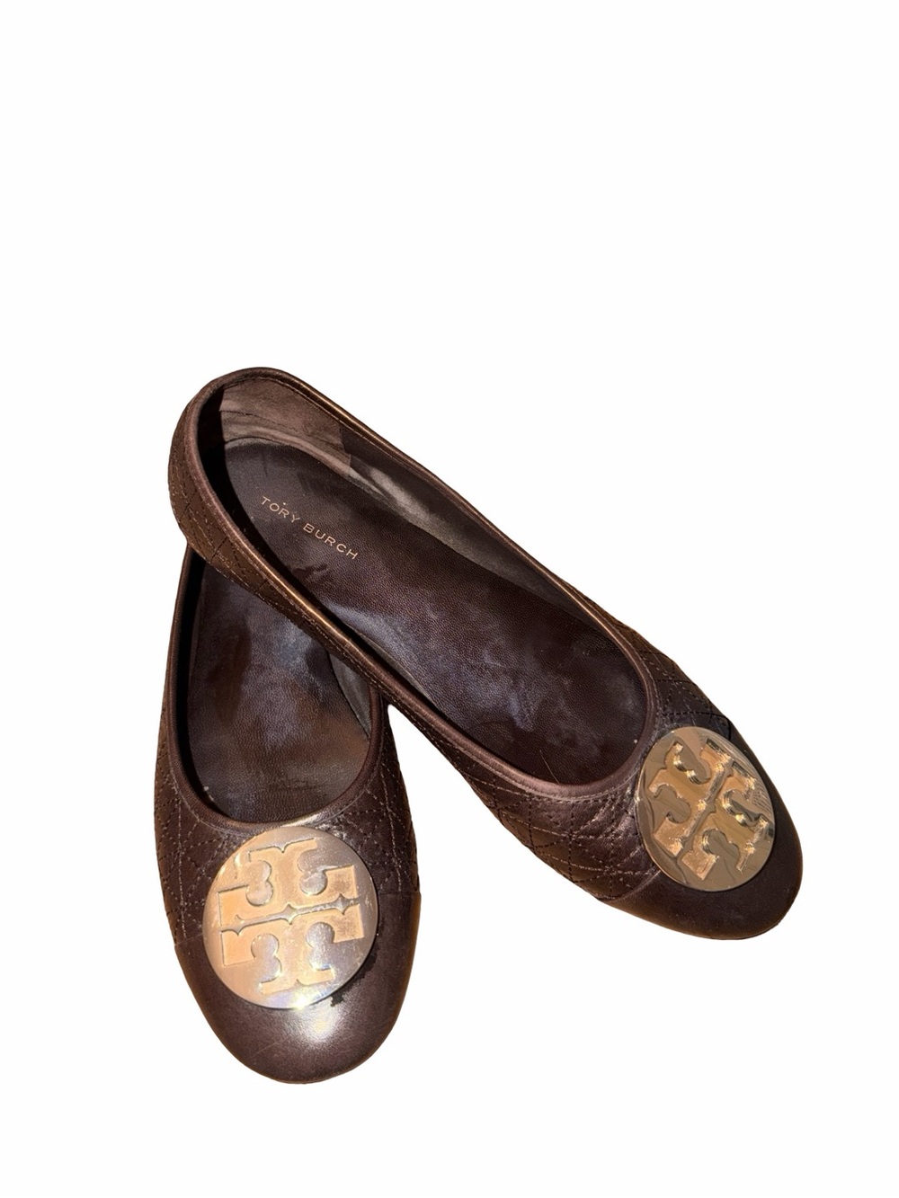 Tory Burch Brown Leather Logo Round-Toe Flats